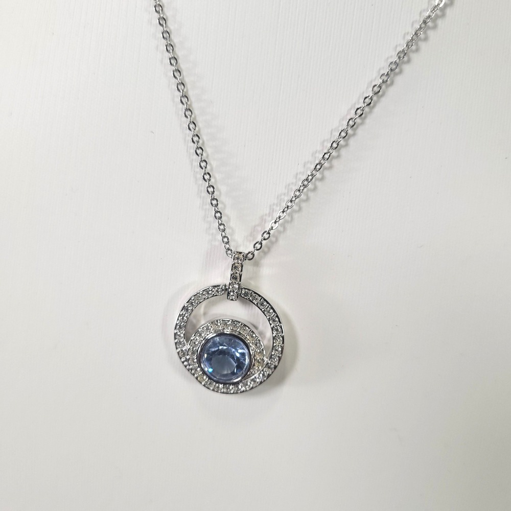 Swarovski Pendant Necklace Womens Blue Crystal Rhodium Plated Circle Pave